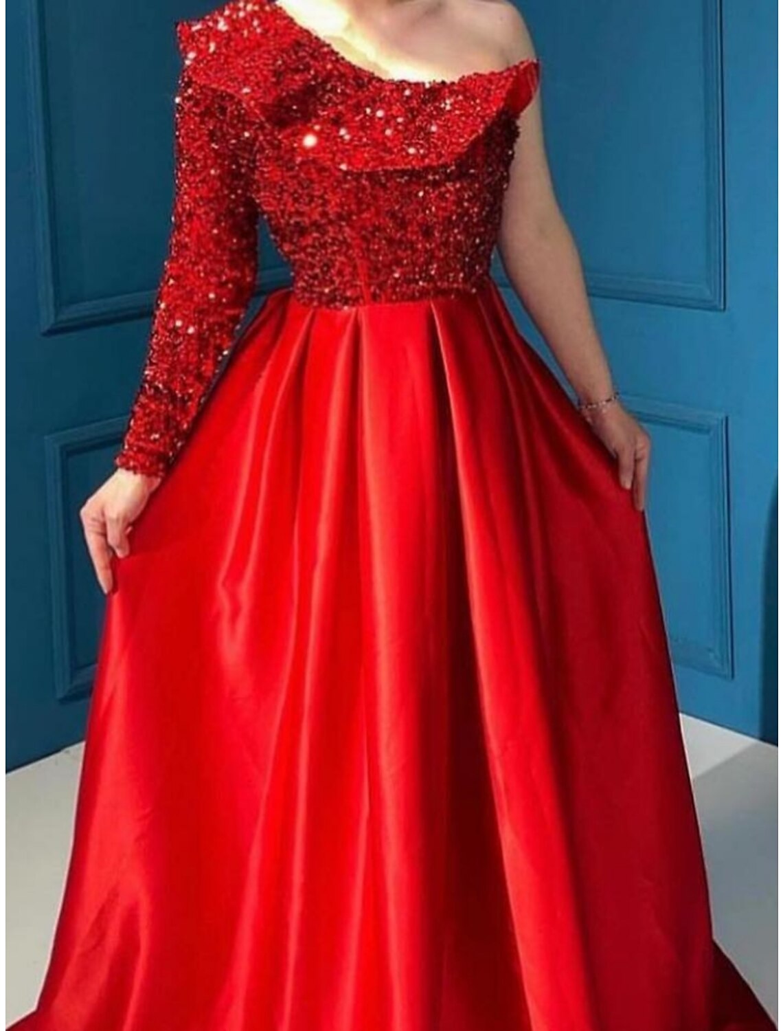 A-Line Evening Gown Party Dress Formal Sweep / Brush Train Christmas Red Green Dress Long Sleeve One Shoulder Sequined with Glitter Pleats Ruffles